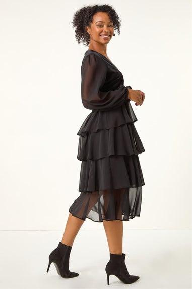 Roman Black Petite Velvet Tiered Midi Stretch Dress