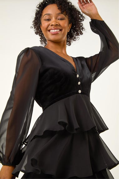 Roman Black Petite Velvet Tiered Midi Stretch Dress