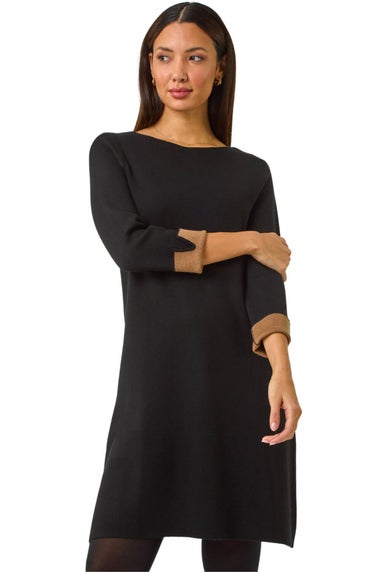 Roman Black Contrast Sleeve Knitted Shift Dress