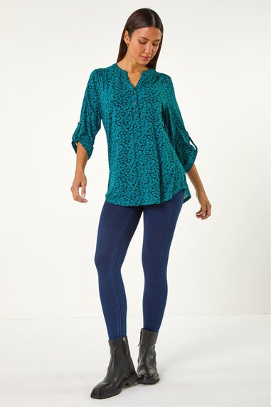 Roman Teal Leaf Print Button Detail Shirt