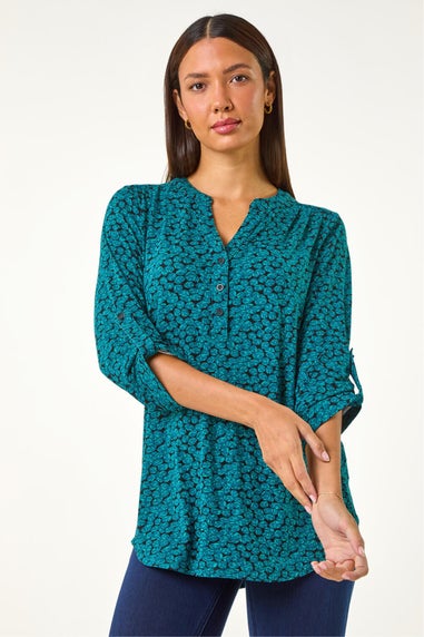 Roman Teal Leaf Print Button Detail Shirt