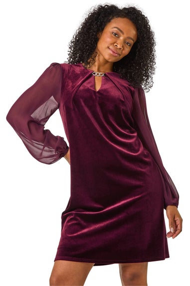 Roman Plum Petite Contrast Sleeve Velvet Dress