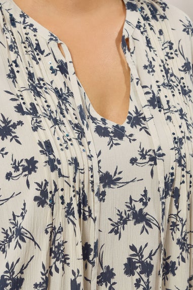 Evans Curve White Floral Tie Neck Blouse