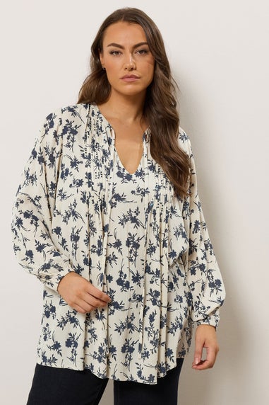 Evans Curve White Floral Tie Neck Blouse