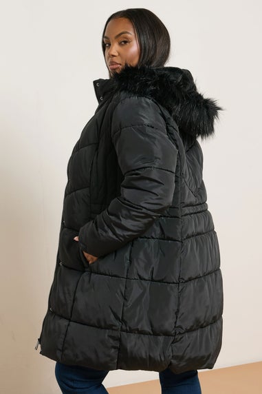 Yours Curve Black Puffer Midi Coat