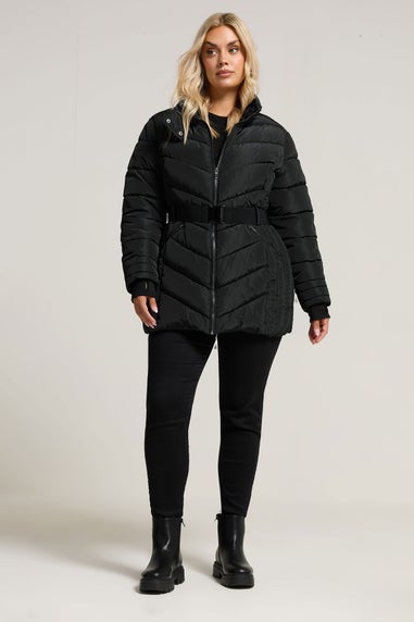 Yours Curve Black Belted Puffer Coat