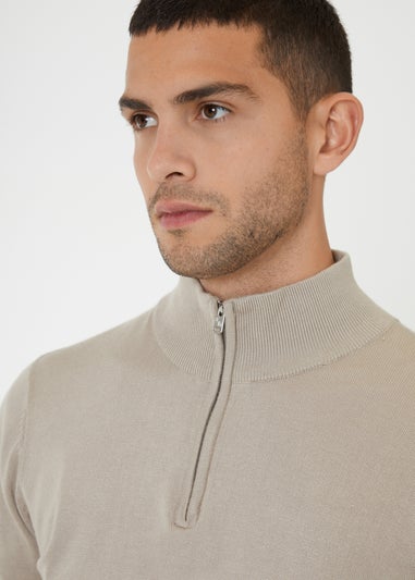 Threadbare Natural Funnel Neck Quarter Zip Knitted Jumper