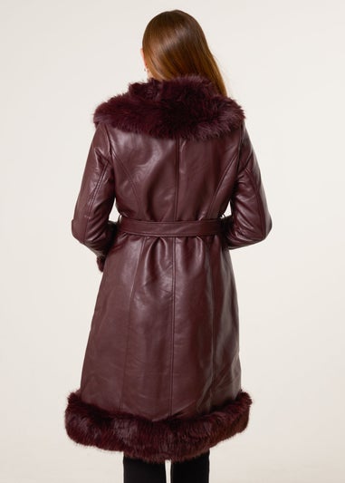 Blue Vanilla Red Faux Fur Trim Midi Coat