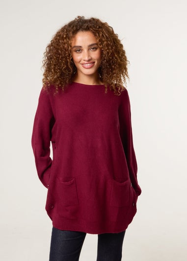 Blue Vanilla Burgundy Pocket Slash Neck Jumper