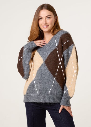 Blue Vanilla Grey Argyle Knitted Patterned Jumper