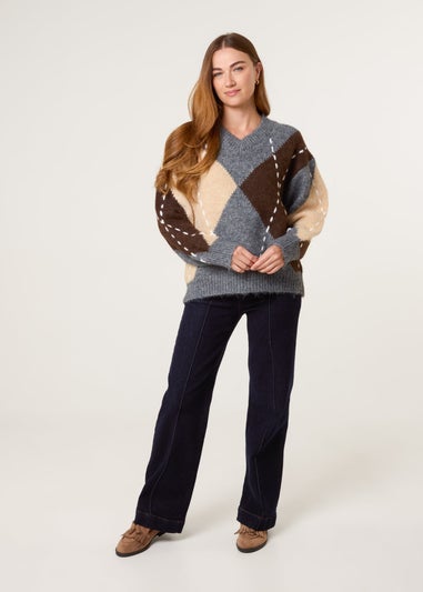 Blue Vanilla Grey Argyle Knitted Patterned Jumper