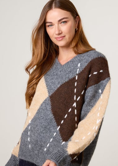 Blue Vanilla Grey Argyle Knitted Patterned Jumper