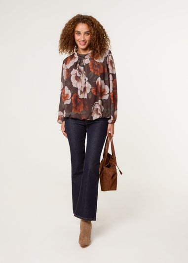 Blue Vanilla Brown Large Watercolour Floral Cowl Neck Puffball Blouse