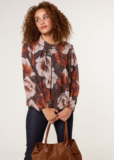 Blue Vanilla Brown Large Watercolour Floral Cowl Neck Puffball Blouse