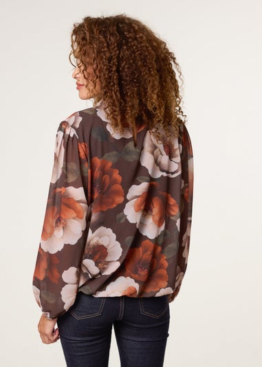 Blue Vanilla Brown Large Watercolour Floral Cowl Neck Puffball Blouse