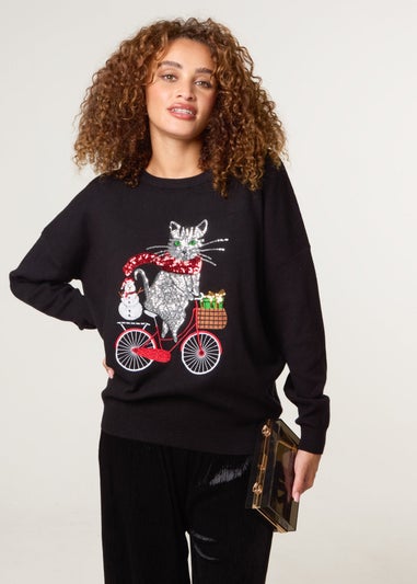 Blue Vanilla Black Christmas Cat On A Bike Jumper