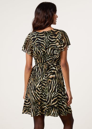 Blue Vanilla Brown Animal Print Frill V Neck Mini Mesh Dress