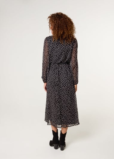 Blue Vanilla Black Polka Dot Tie Neck Midi Dress