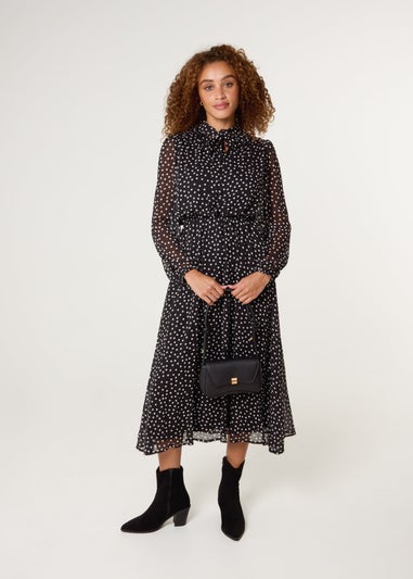 Blue Vanilla Black Polka Dot Tie Neck Midi Dress