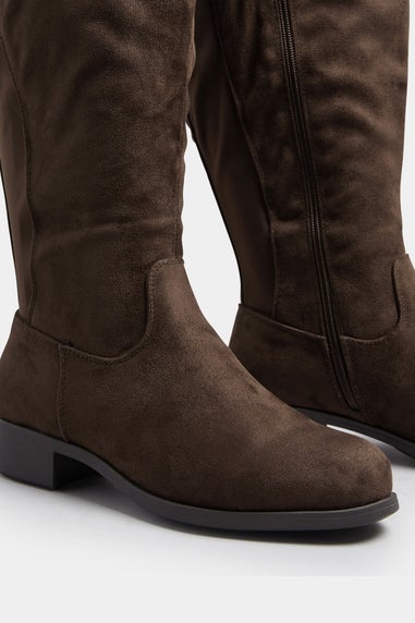Yours Brown Faux Suede Stretch Knee High Boots In Extra Wide EEE Fit