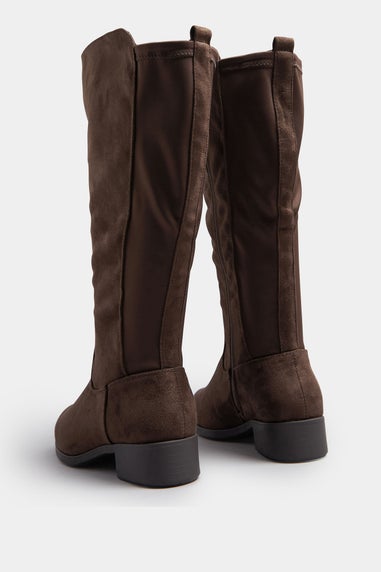 Yours Brown Faux Suede Stretch Knee High Boots In Extra Wide EEE Fit