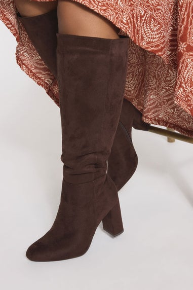 Yours Chocolate Brown Faux Suede Heeled Knee High Boot In Extra Wide EEE Fit