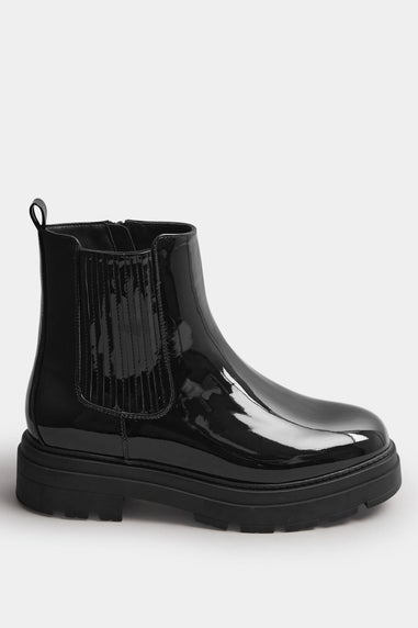 Yours Black Patent Chunky Chealsea Boots In Extra Wide EEE Fit