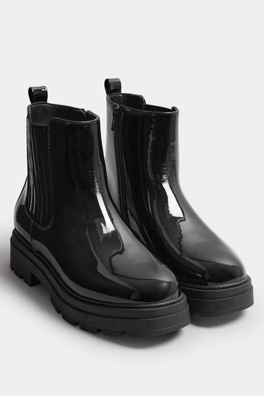 Yours Black Patent Chunky Chealsea Boots In Extra Wide EEE Fit