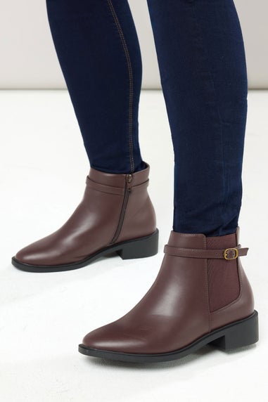 Yours Chocolate Brown Faux Leather Buckle Stretch Ankle Boots In Extra Wide EEE Fit