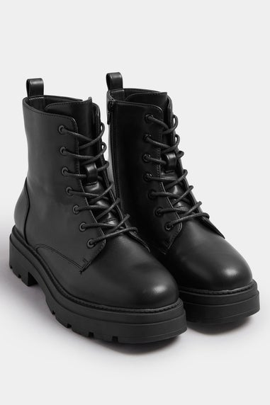 Yours Black Faux Leather Chunky Lace Up Boots In Extra Wide EEE Fit