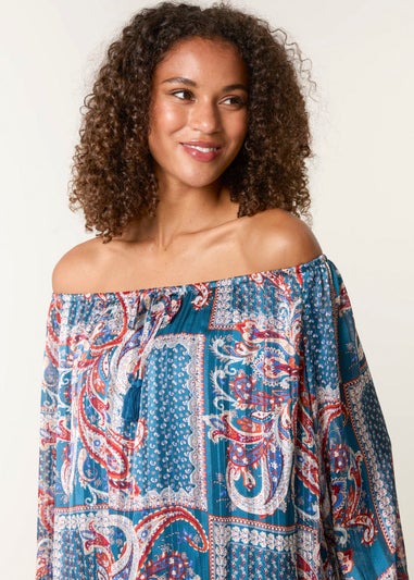 Blue Vanilla Turquoise Paisley Printed Bardot Puff Ball Blouse