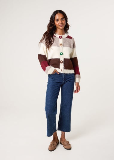 Blue Vanilla Ivory Multi Coloured Striped Cardigan With Flower Buttons