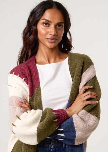 Blue Vanilla Navy Blanket Stitch Detailed Colourblock Cardigan