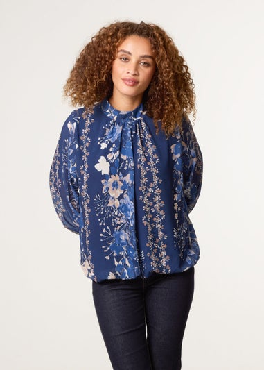 Blue Vanilla Navy High Neck Puffball Floral Blouse