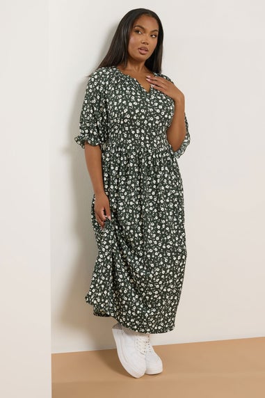 Yours Curve Khaki Green Ditsy Floral Notch Neck Dress