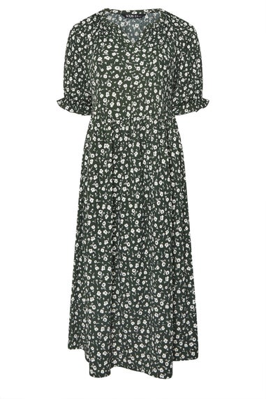 Yours Curve Khaki Green Ditsy Floral Notch Neck Dress