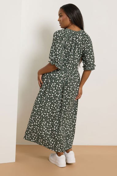 Yours Curve Khaki Green Ditsy Floral Notch Neck Dress
