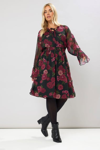 Yours Curve Black Floral Tie Neck Midi Dress