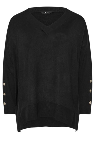 Yours Curve Black Button Sleeve V-Neck Jumper