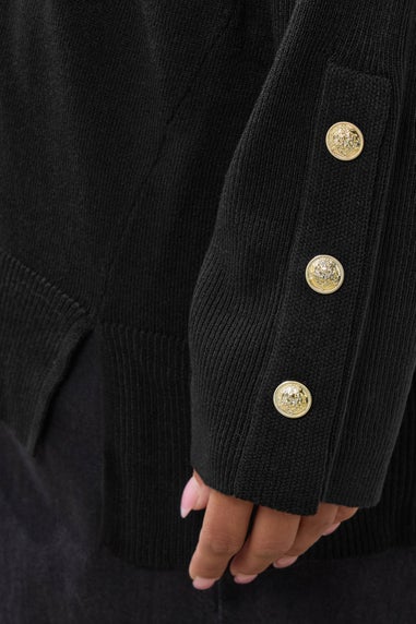 Yours Curve Black Button Sleeve V-Neck Jumper