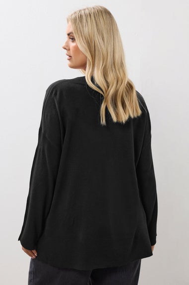 Yours Curve Black Button Sleeve V-Neck Jumper