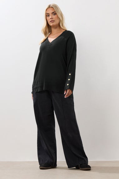 Yours Curve Black Button Sleeve V-Neck Jumper