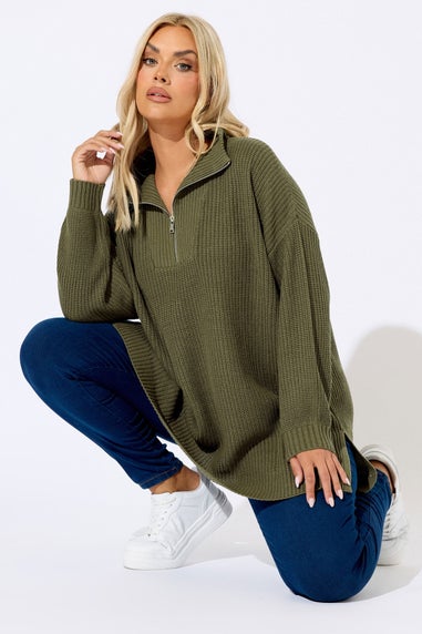 Yours Curve Khaki Green Quarter Zip Jumper