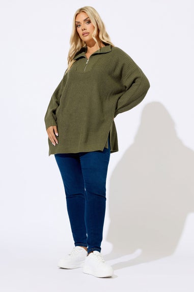 Yours Curve Khaki Green Quarter Zip Jumper