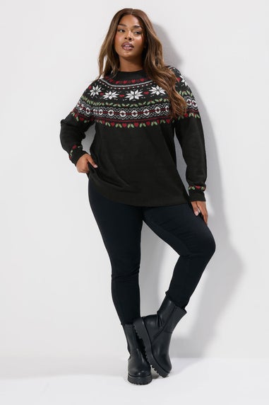 Yours Curve Black Fairisle Knitted Jumper