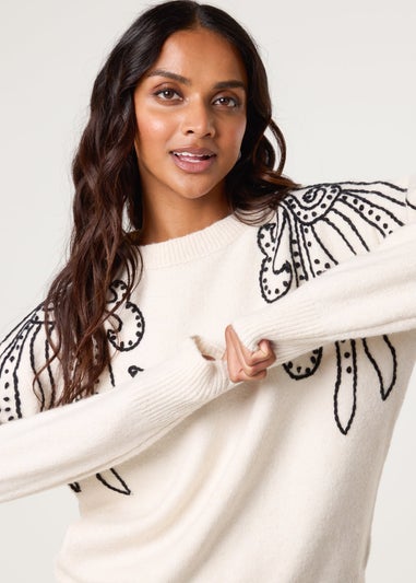 Blue Vanilla Ivory Embroidery Shoulder Detailing Jumper