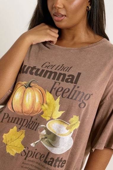 Yours Curve Brown Autumnal Print Relaxed T-Shirt