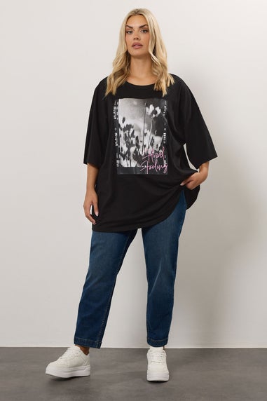 Yours Curve Black 'Floral Feeling' Oversized T-Shirt