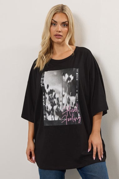 Yours Curve Black 'Floral Feeling' Oversized T-Shirt