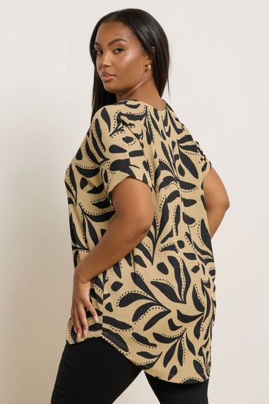 Yours Curve Natural Brown Leaf Print Textured Top